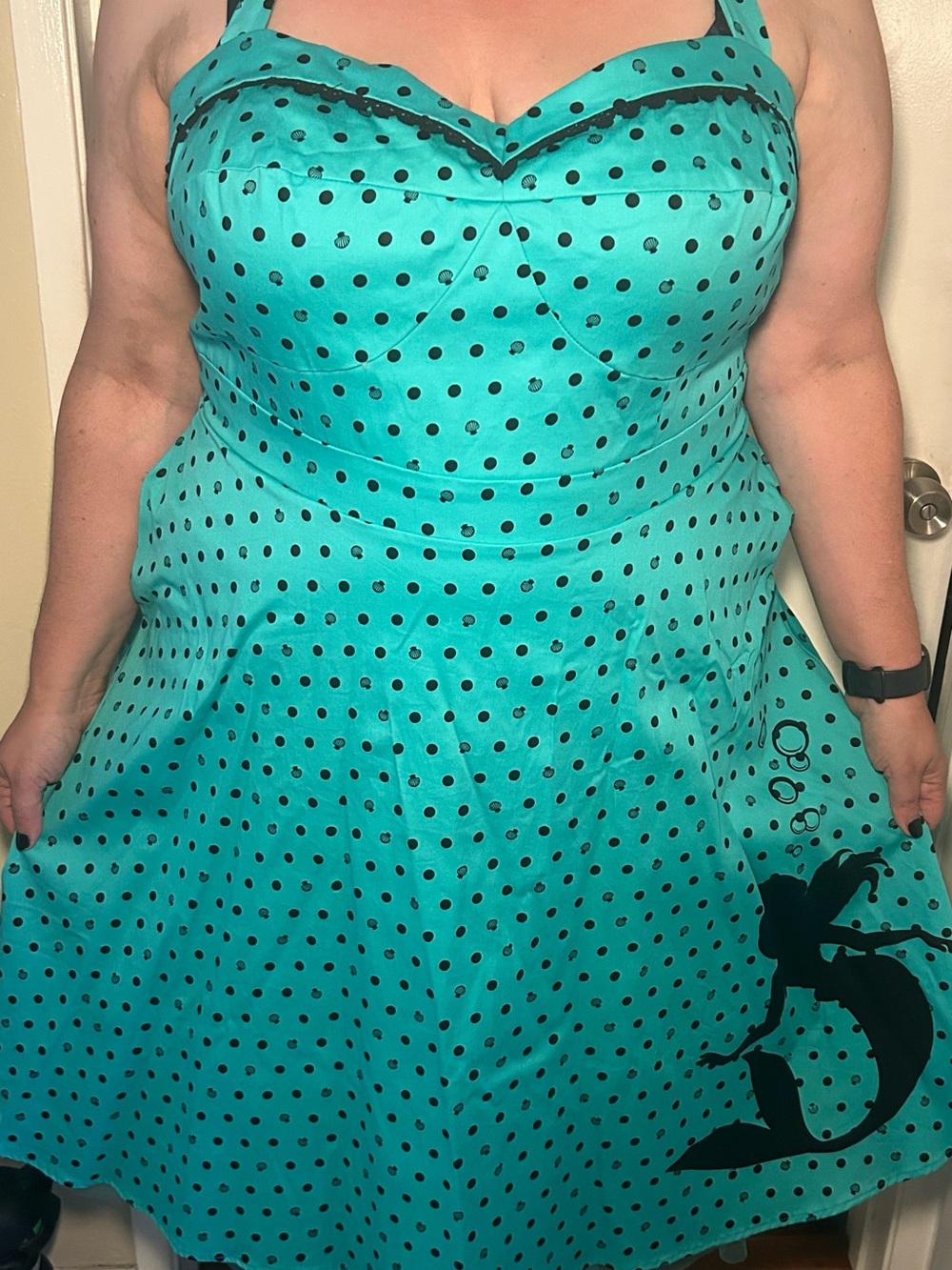 Disney Teal Polka Dot Midi Dress with Black Mermaid Accent